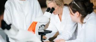 students and teacher in a biology lab looking into a microscope
