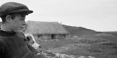 Boy and dog reclining on a rock
