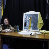 Anne Stoner’s contemporary sound installation, includes a bathroom sink and interactive elements such as a toothbrush.