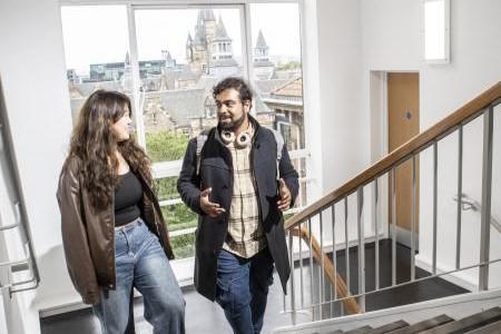 Reearch students on stairs