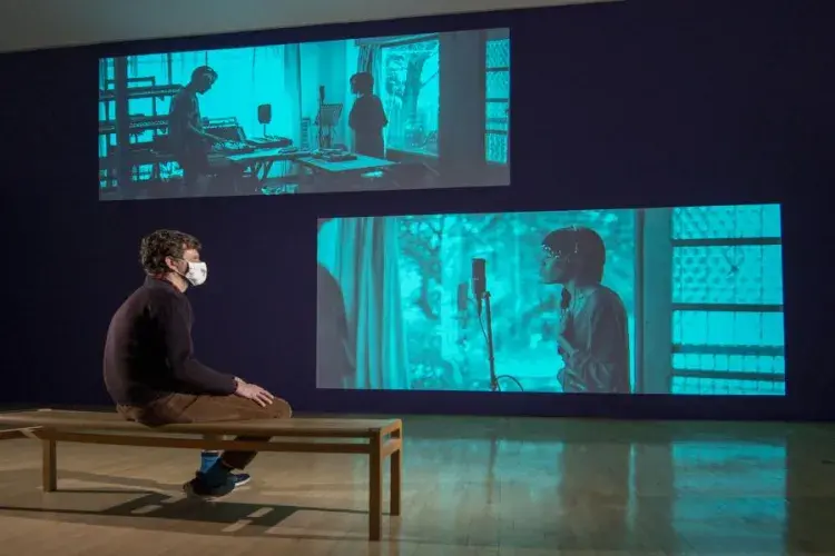 Gabrielle Goliath. This song is for ...  Projection with dual stereo audio. Pictured – James Clegg, Curator at Talbot Rice Galle